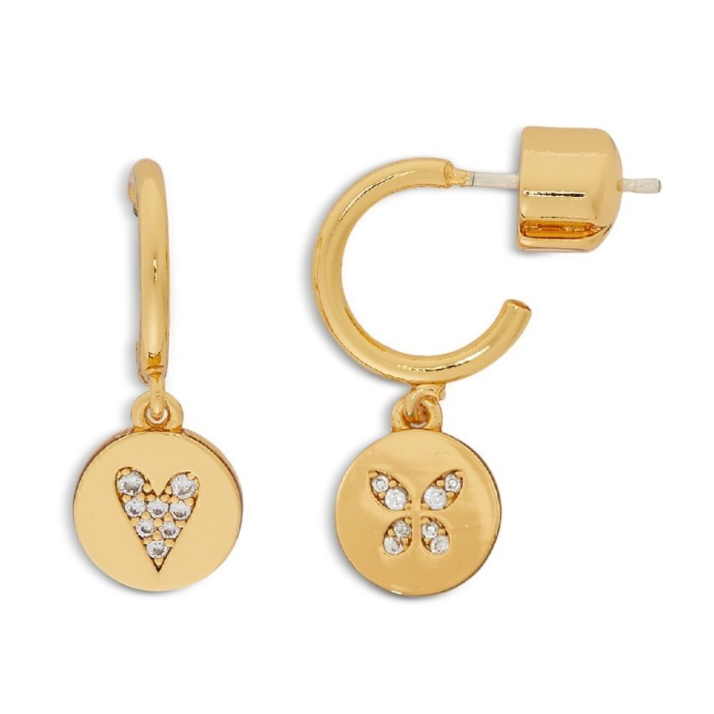 NWT Kate Spade pave heart and butterfly mist matched Huggies drop earrings J
